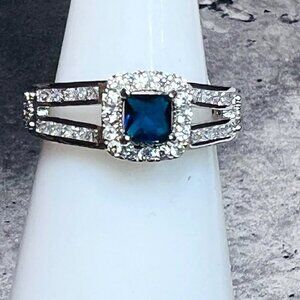 Ring Bomb Party Ring, size 6, blue stone, CZ type accents, silver color band